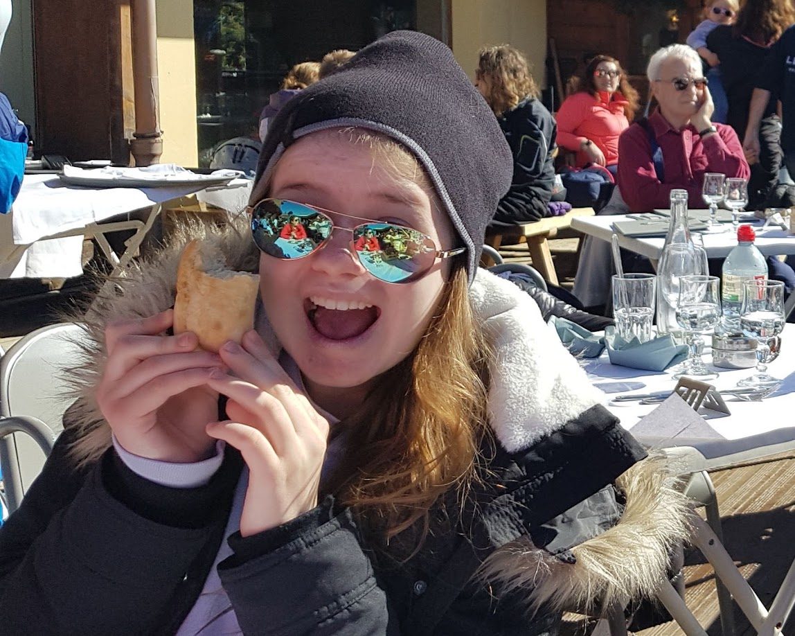 Our youngest daughter in a restaurant on the ski slopes