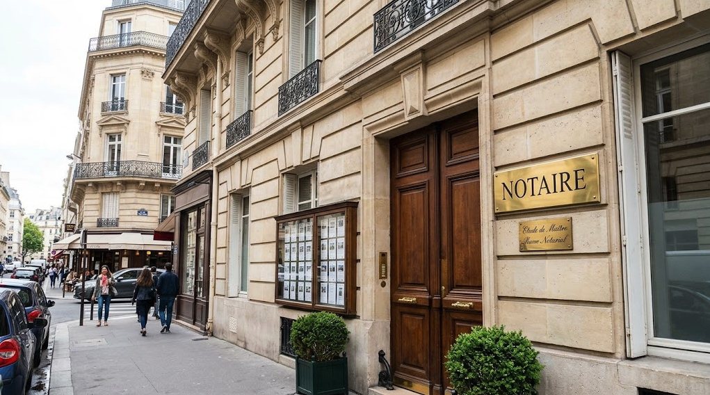 The entrance to a notaire’s office, with a brass NOTAIRE plaque beside the door