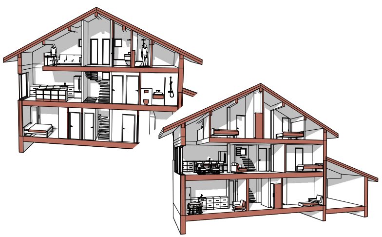 SketchUp cutaway drawings of Chalet Miage’s floors and roof, from the architect’s plans