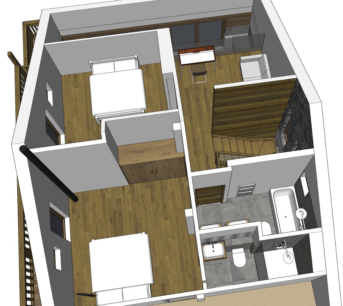 SketchUp view of the top floor bedrooms, mezzanine and bathrooms