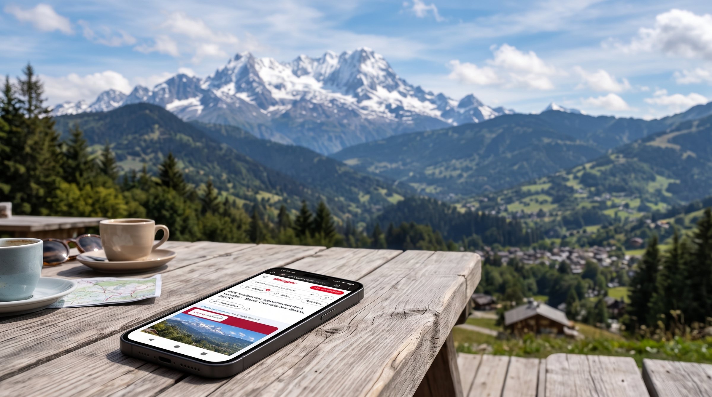 Mobile phone showing the SeLoger website searching for Saint-Gervais chalets, on a table in front of mountains