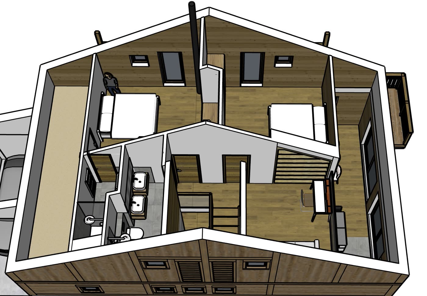 Cutaway 3D view of the top floor: two bedrooms, bathrooms, mezzanine and stairwell